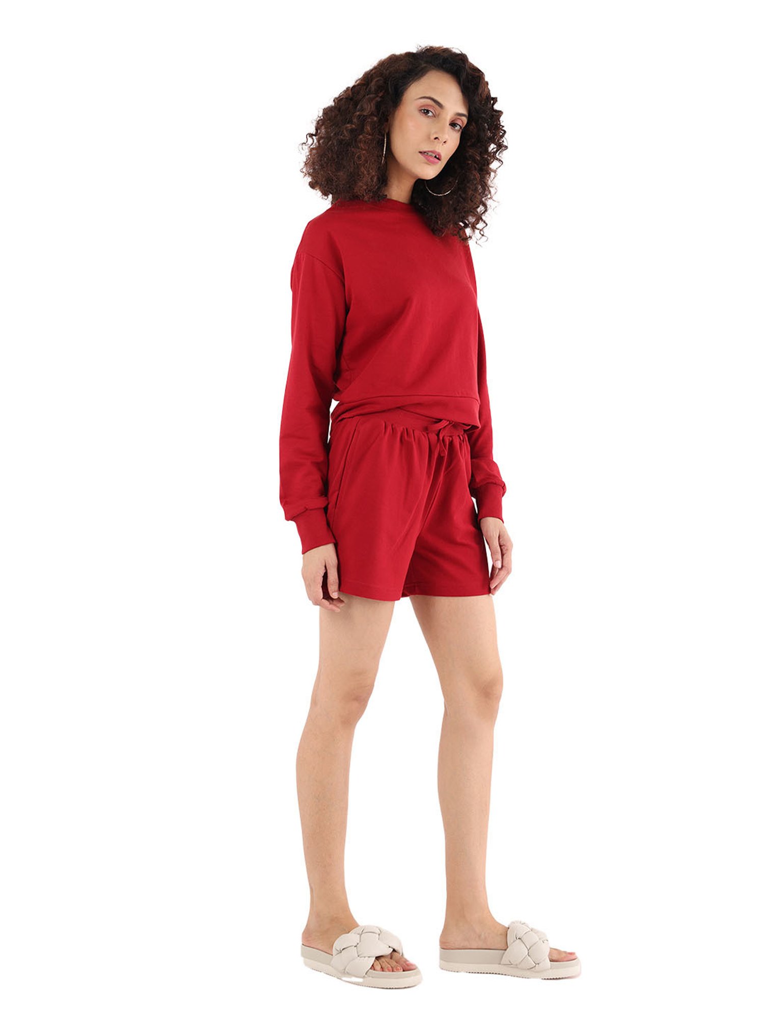 Nite Flite Maroon Cotton Crop Sweatshirt With Shorts