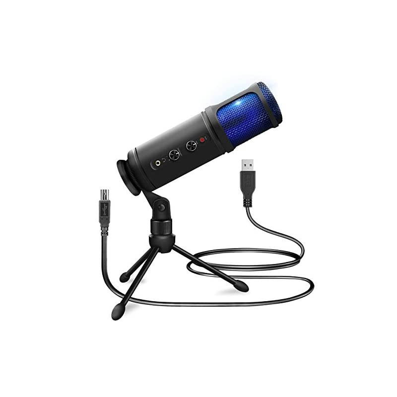 USB PC Recording Condenser Microphone - Blue LED, Adjustable Gain, Headphone Jack, Mute Control, Tripod Stand - Portable Pro Audio Condenser Desk Mic for Podcast Streaming Gaming -  PDMIUSB50