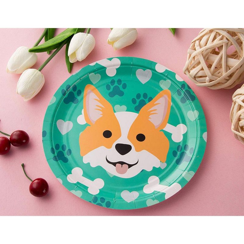 Blue Panda Disposable Plates - 80-Count Paper Plates, Dog Party Supplies, Corgi, 9 x 9 inches
