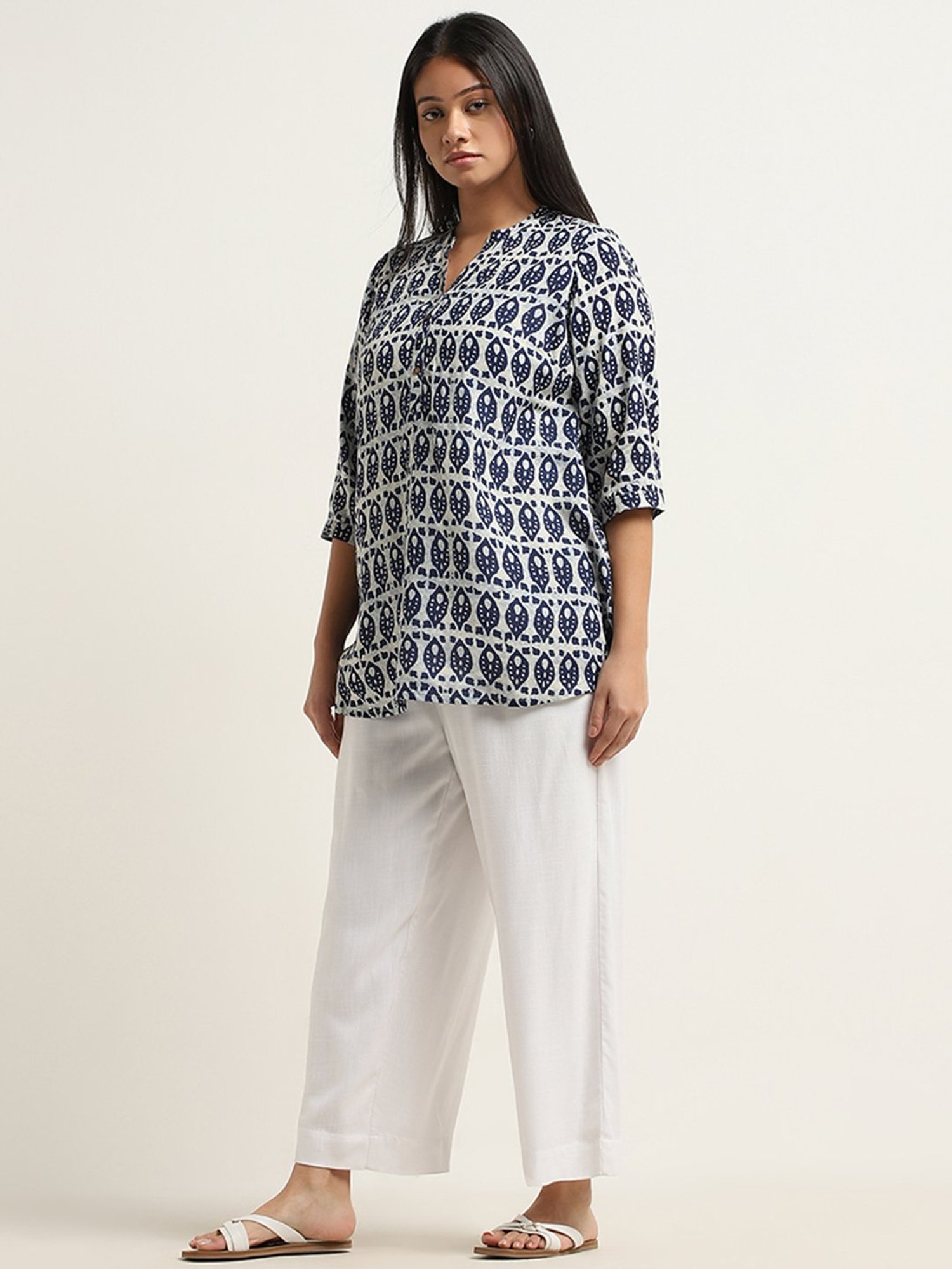 Diza by Westside Indigo Leaf Ikat Design Straight Kurti