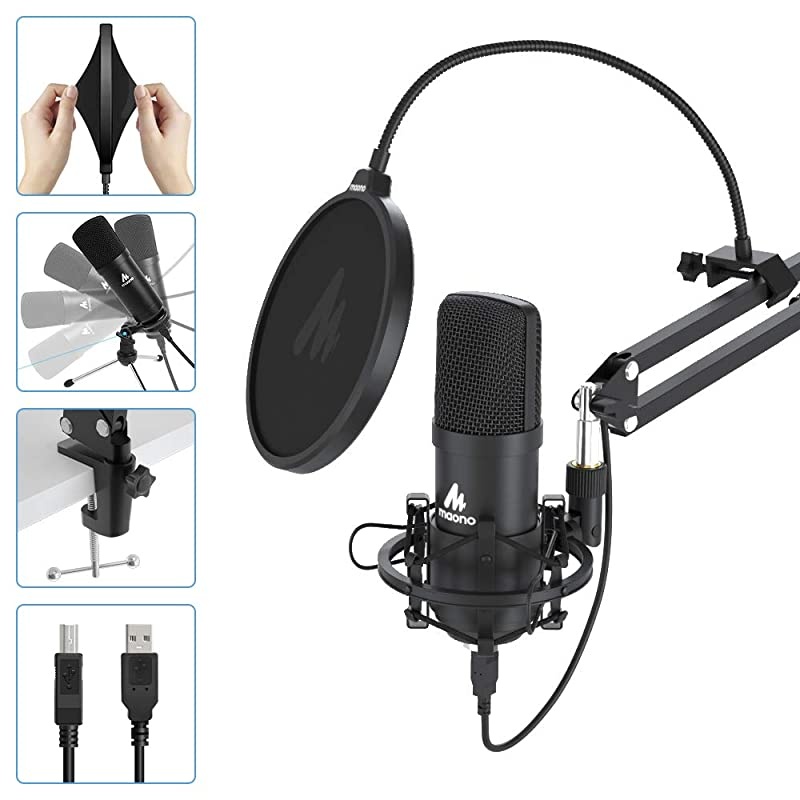 USB Microphone  AU-A04 Plus Cardioid Condenser Podcast Mic 192kHz/24bit Plug and Play, Provide Two Mic Holders for Livestreaming, Voice Over, YouTube, Gaming, ASMR