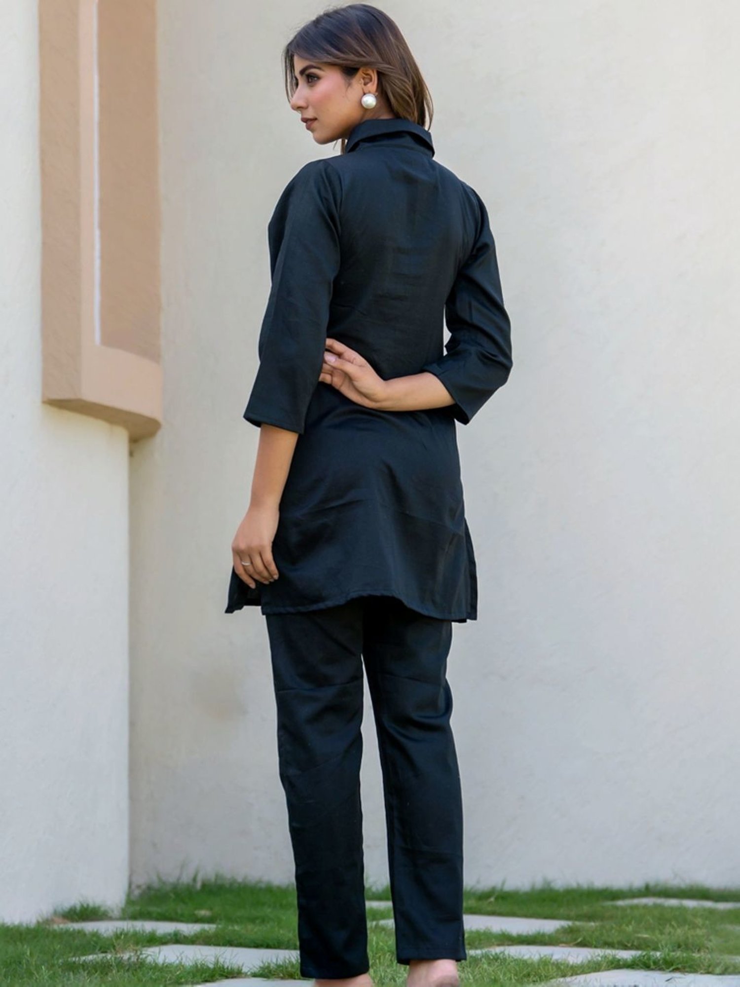 HOUSE OF JAMOTI Black Cotton Embroidered Tunic Pant Set