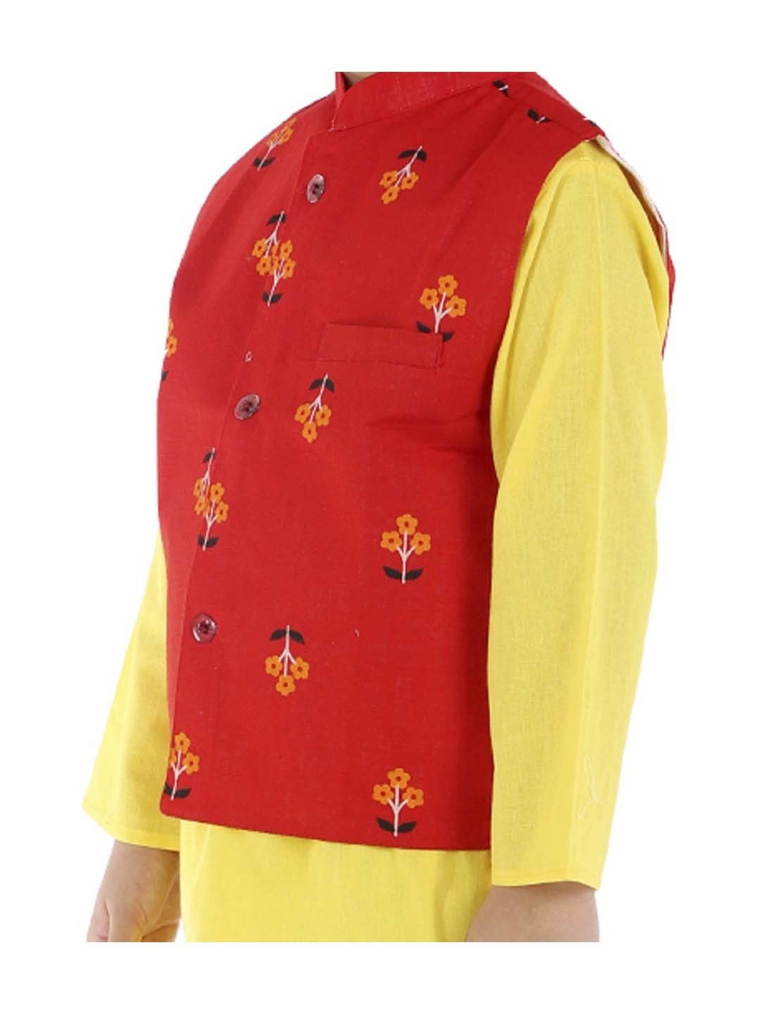 Ahhaaaa Kids Red & Yellow Cotton Floral Print Kurta Set