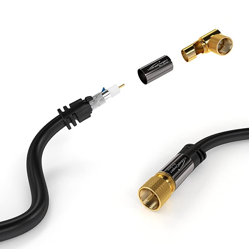 10 feet 75 Ohm HDTV SAT, TV Cable, 90&deg; Angled, Male F-Type Connector to Straight Male F-Type Coaxial Cable for TV, HDTV, Radio, DVB-T2, DVB-C, DVB-S &ndash; Pro Series