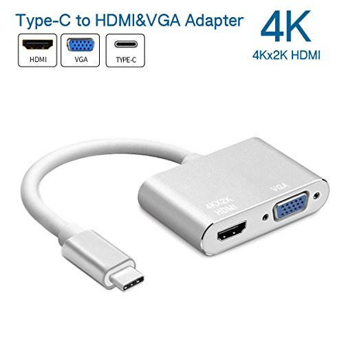 2 in 1 Type-C to HDMI 4K + VGA Adapter for Dual Display, 2 in 1 USB-C HUB with HDMI VGA, Applied in New MacBook, ChromeBook and Surface connected TV, Monitor and Projector.