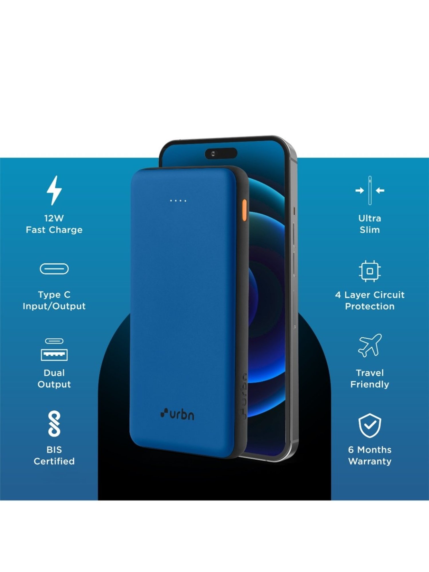 URBN 10000 mAh Ultra Slim 12W Power Bank with Type C Input-Output (Bright Blue)