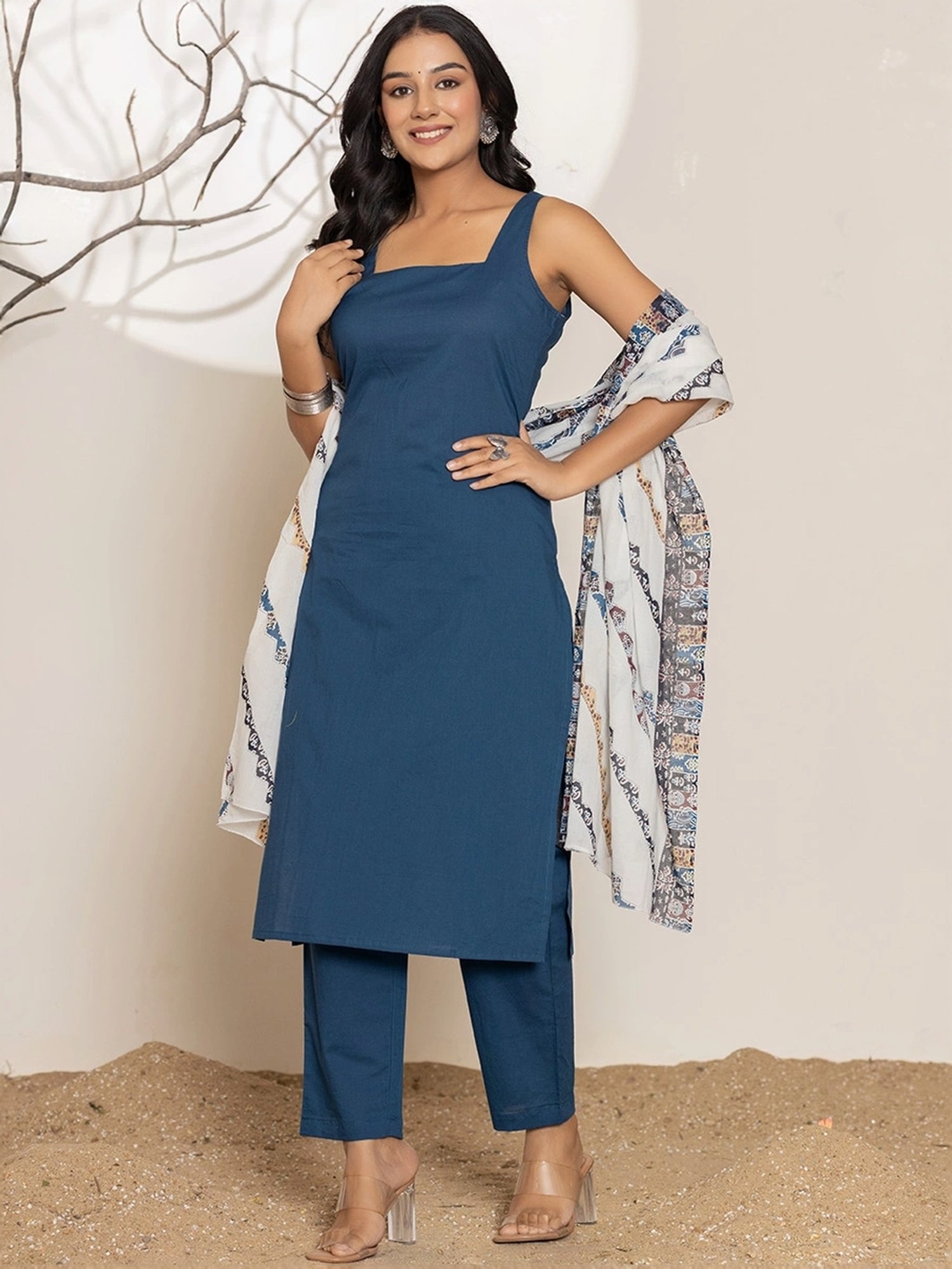 Yufta Blue Cotton Kurta Pant Set With Dupatta