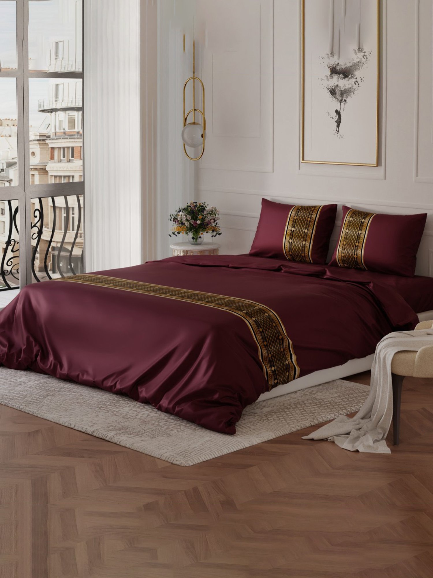 Stoa Paris Versailles Maroon Sateen Royal Treasures Comforter with 2 Pillow Covers