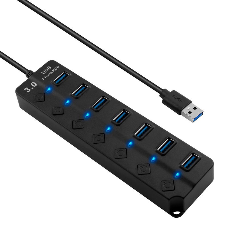 Insten 7 Multiport USB 3.0 High Speed Hub USB Extender 3.3FT Cable, LED ON/OFF Switch with 5V 2A Power Adapter for PC Windows 10, Laptop, MacBook