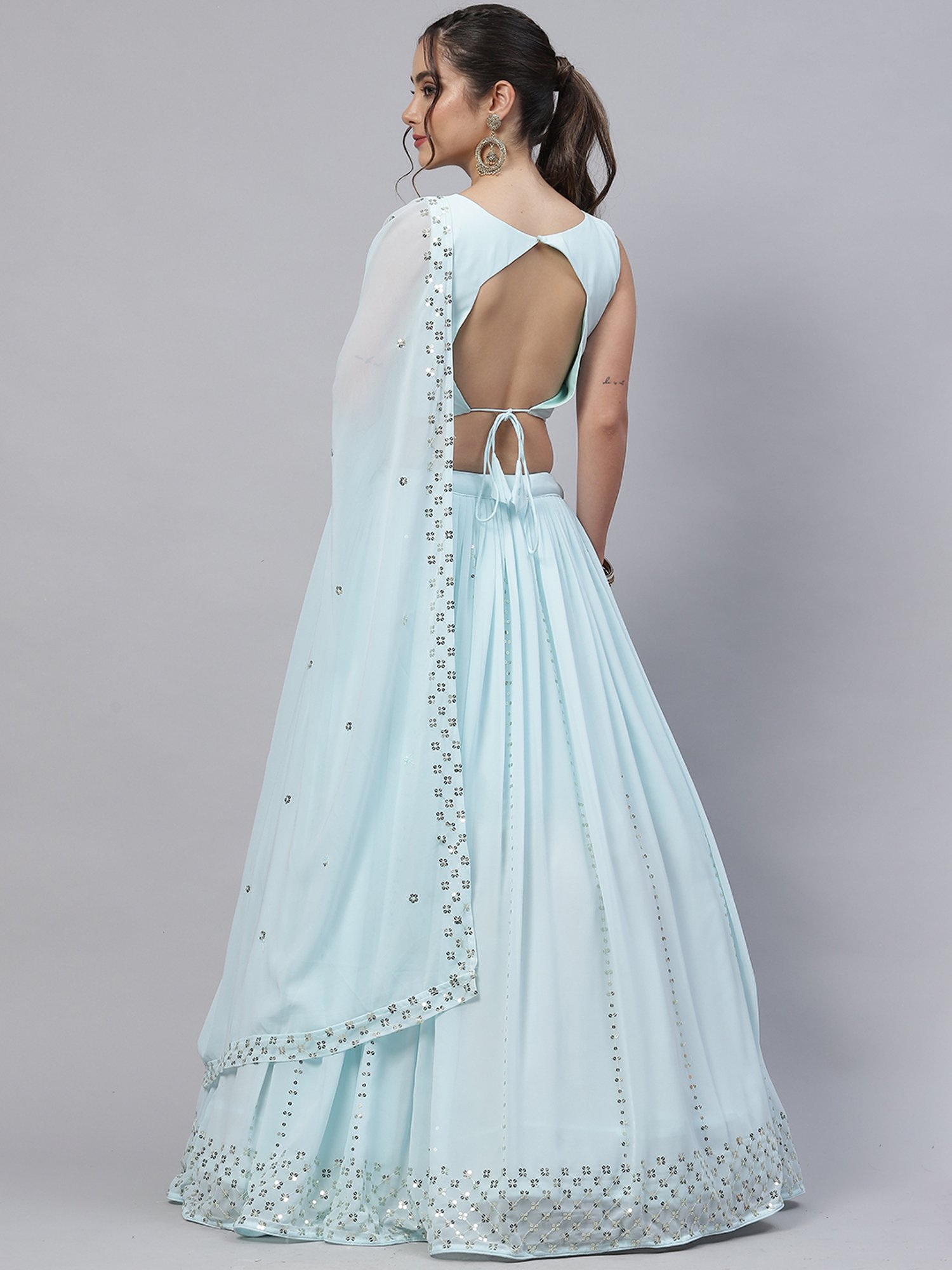 SHUBHKALA Sky Blue Embellished Lehenga Choli Set With Dupatta