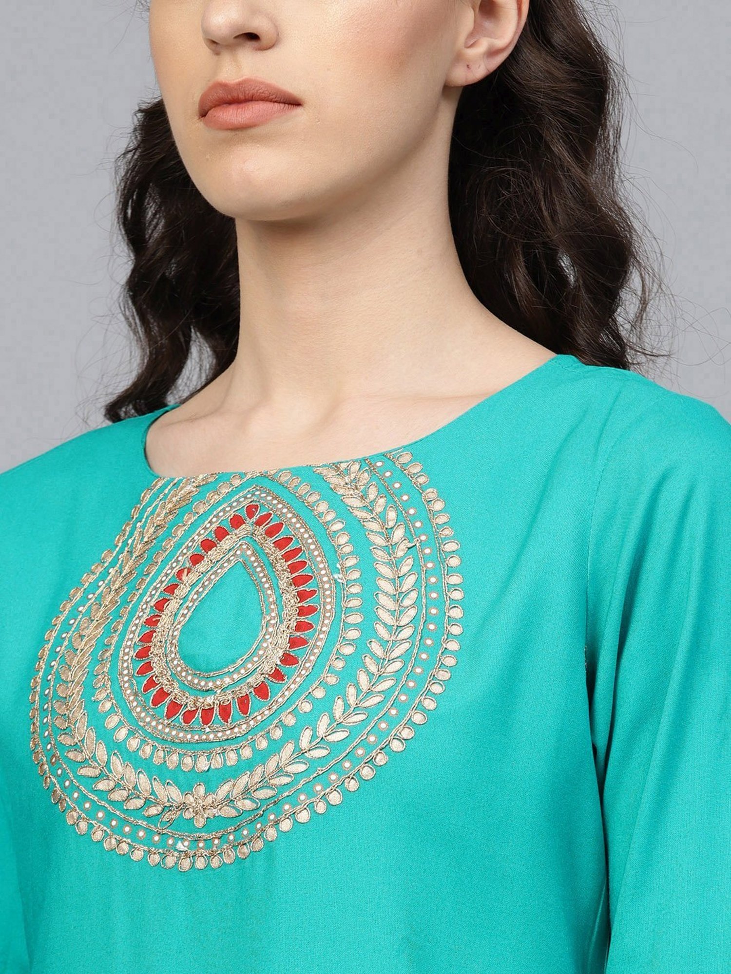 Geroo Jaipur Green Hand Embroidered Straight Rayon Kurta