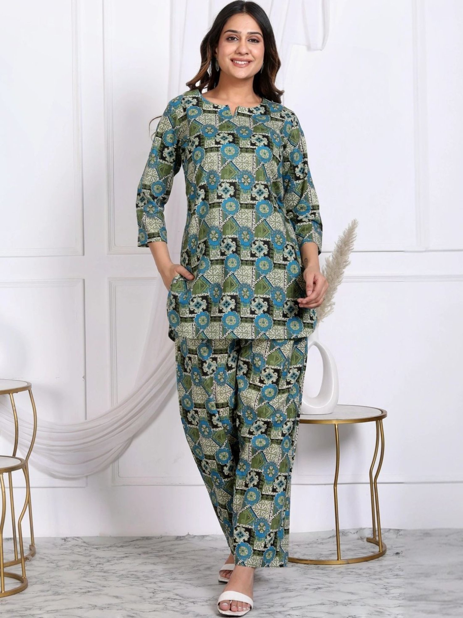 Kaftanize Green Geo Floral Printed Cotton Tunic with Pant