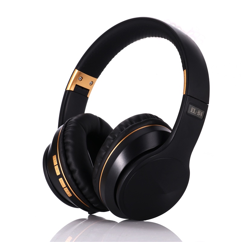 EL-B4 Wireless bluetooth 5.0 Headphones 40mm Drivers HIFI Low Latency FM Radio TF Card AUX-In Foldable Head-Mounted Headset with Mic-Black Gold