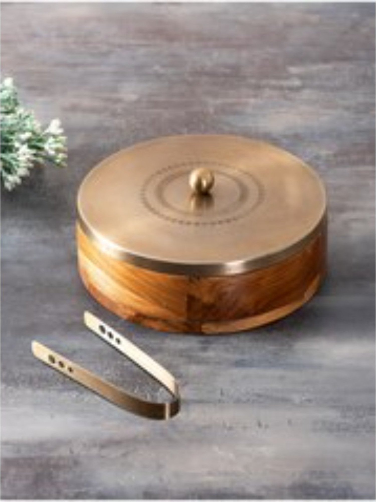 Nestroots Wooden Casserole Box Chapati Box Food Warmer Hotcases Hotpot Roti Box with Gold Lid & Tong