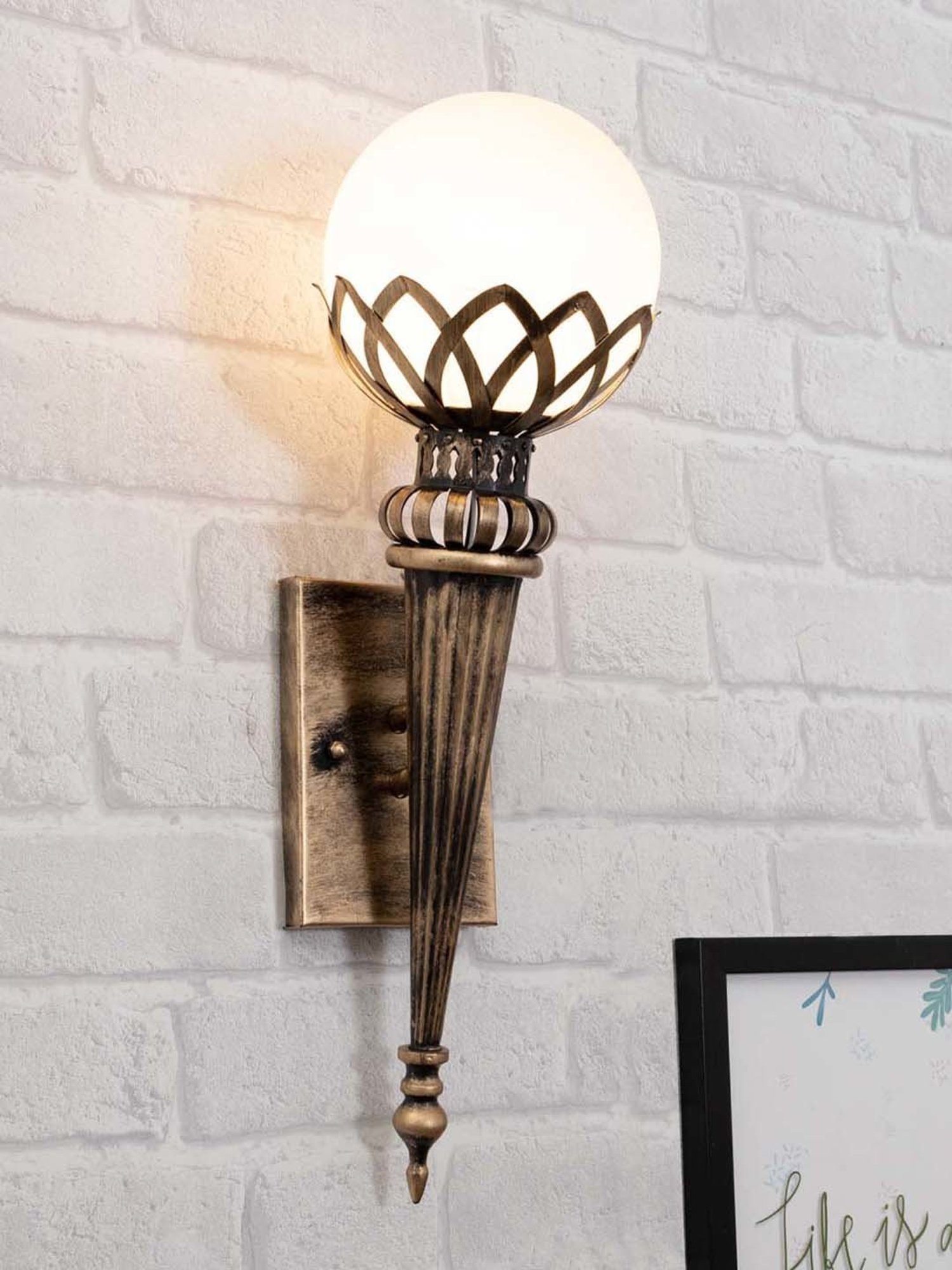 Homesake Gold & White Metal Vintage Filigree Torch Rustic Wall Lamp