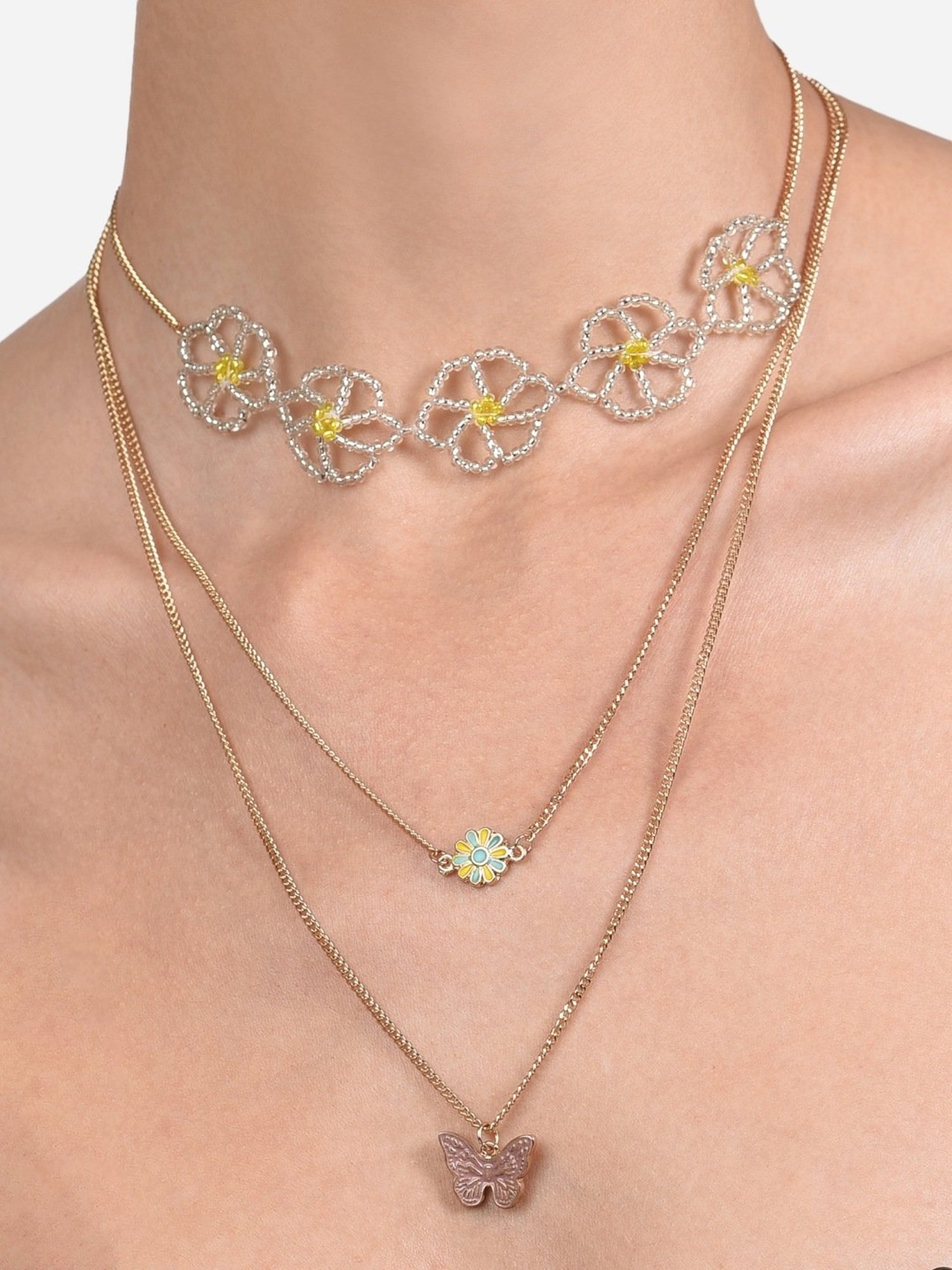 Zaveri Pearls Yellow Flowers Beaded & Butterfly Drop 3 Layers Necklace -ZPFK14046