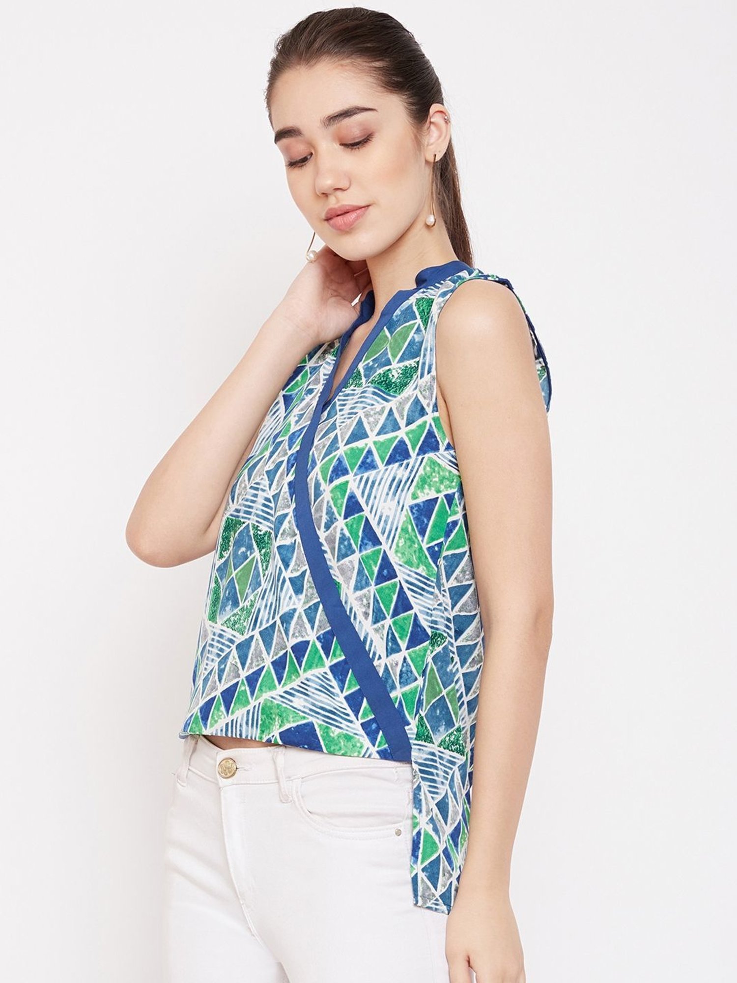 PURYS Blue Geometric Print Top