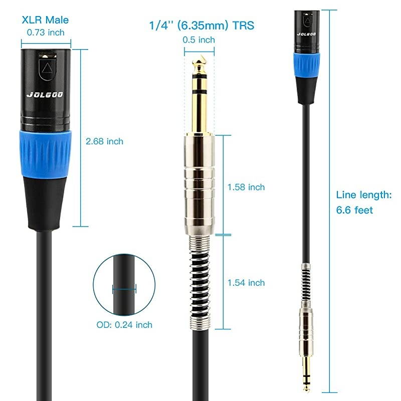 1/4 Inch TRS to XLR Male Cable, Balanced 6.35mm TRS Plug to 3-pin XLR Male, Quarter inch TRS Male to XLR Male Microphone Cable, 6.6 Feet -