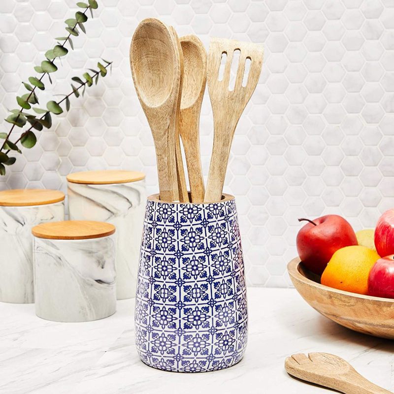 Juvale Mango Wood Cooking Utensil Holder for Kitchen Countertop (Blue, White, 5 x 7 In)