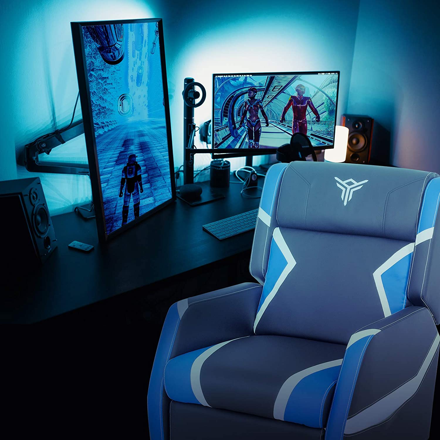 ELECWISH Massage Gaming Recliner Chair Racing Style Single Lounge Sofa PU Leather Reclining with Footrest and Massage Function Gaming Room Recliner Home Theater Seating(Black Blue White)
