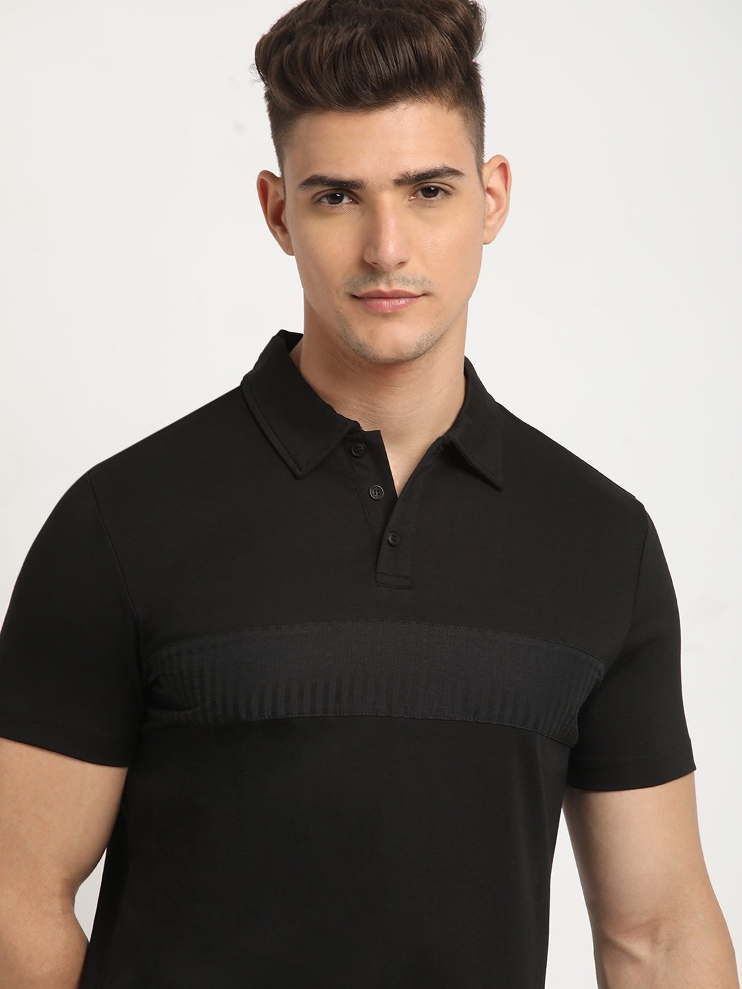 The Bear House Black Slim Fit Self Pattern Polo T-Shirt