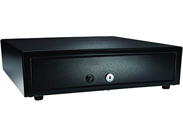APG Vasario Series Standard Duty Cash Drawer, 14&rdquo; x 16&rdquo;, No Media Slot, Manual, Push Button, Adjustable 4X5 Till, Painted Front, Black, No Cable Required - VP101-BL1416