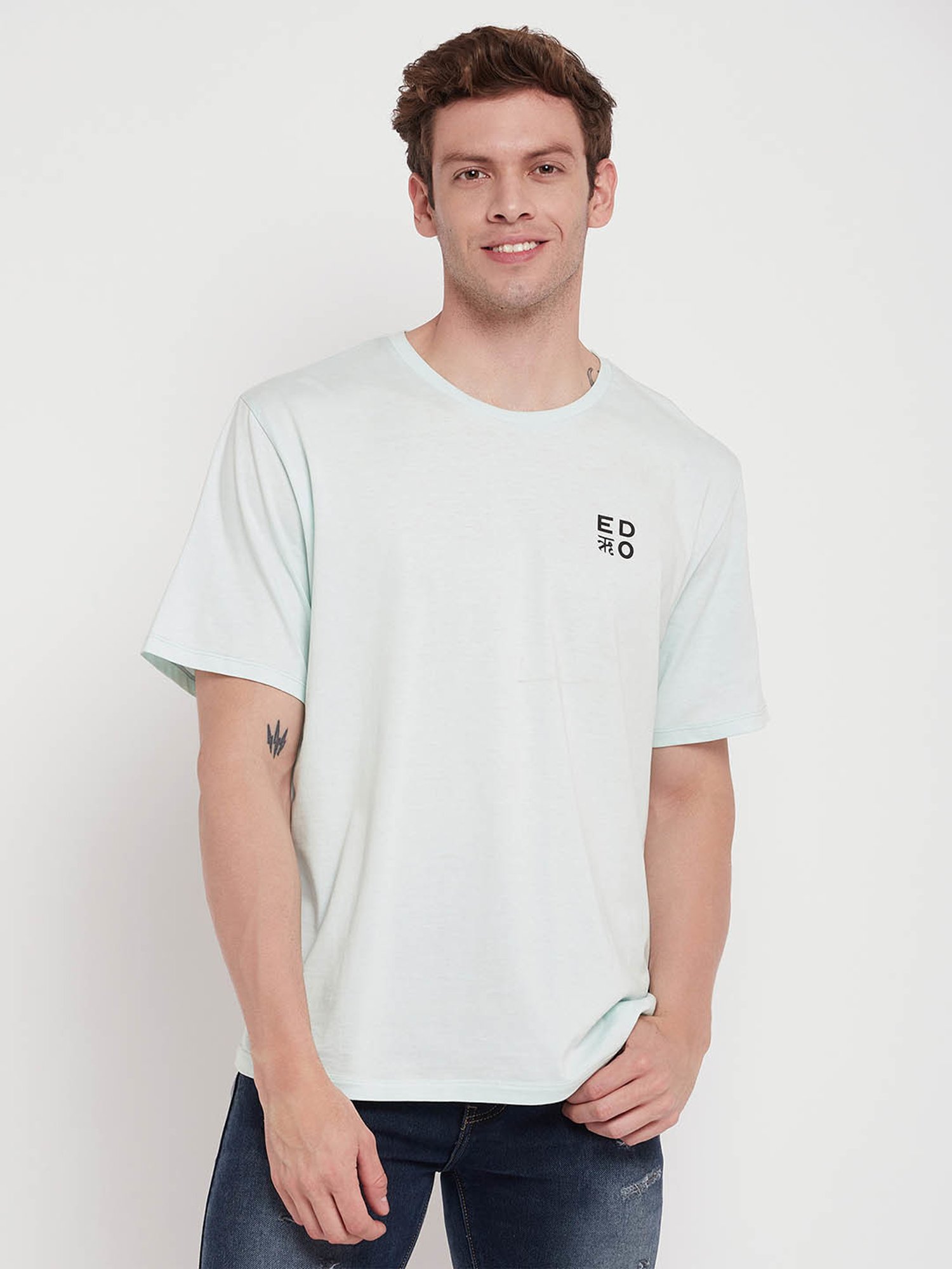 EDRIO Light Blue Regular Fit Printed T-Shirt