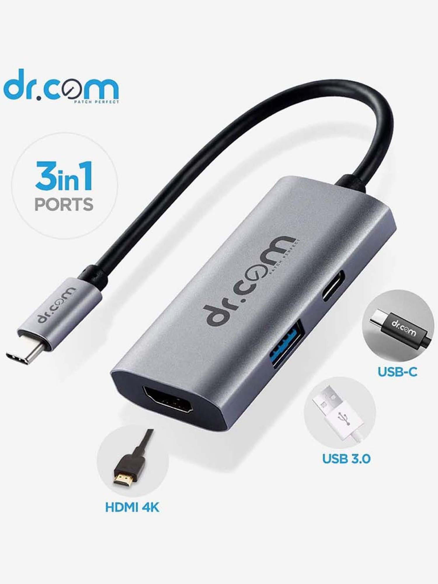 Dr.Com DCH-300 3-in-1 USB C to HDMI and USB 3.0 Adapter with upto 100W Charging (Grey)
