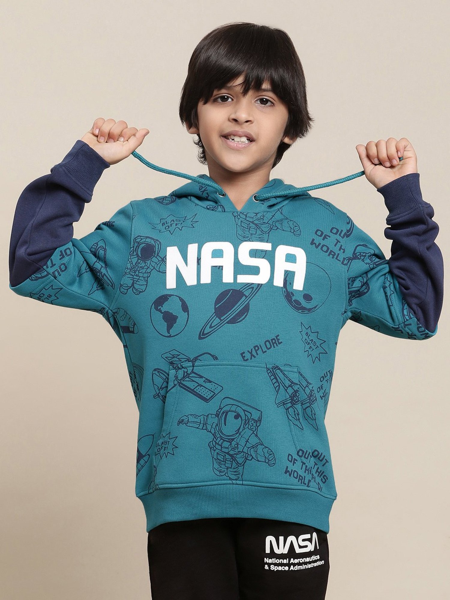Kidsville Nasa Printed Blue Hoodie For Boys