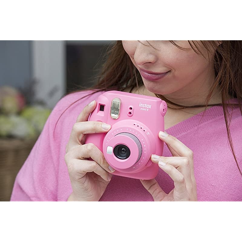 Instax Mini 9 Instant Camera - Flamingo Pink, Instant Mini Rainbow Film, and Instax Groovy Camera Case - Pink