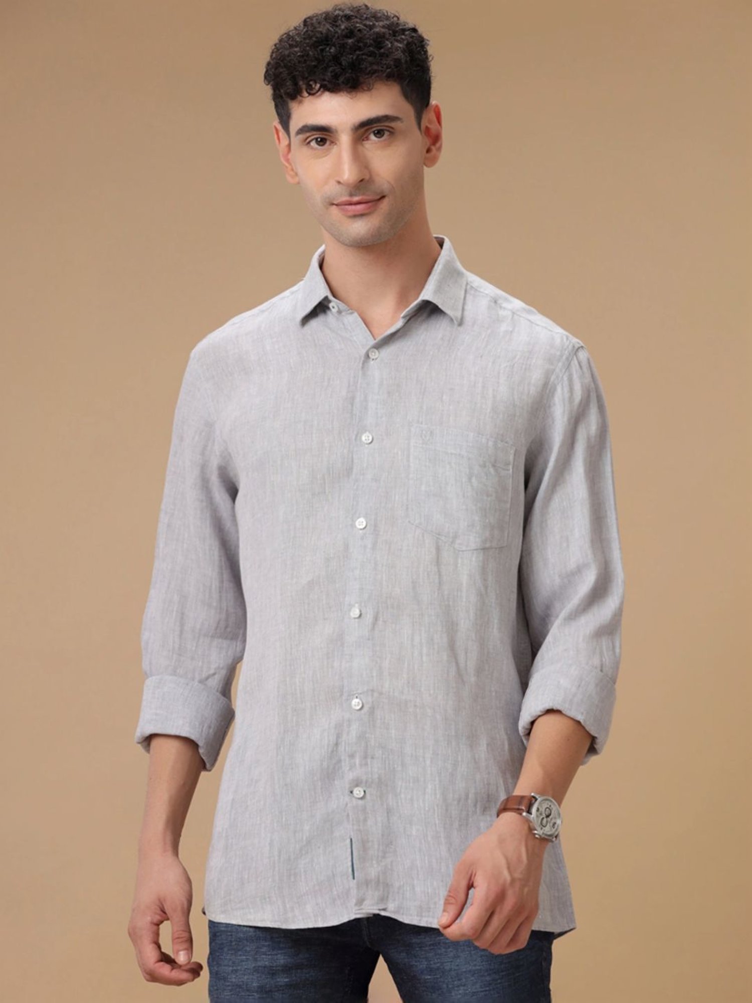 Linen Club Grey Linen Contemporary Fit Texture Shirt