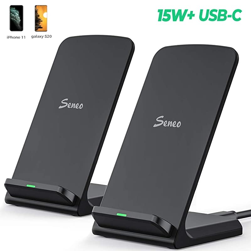 Wireless Chargers 15W, 2-Pack, Qi Fast Wireless Charging Stand with USB-C Port & Sleep-Friendly Light, Compatible with iPhone 12/11 Pro Max/XR/XS/X/SE/8, Galaxy Note20-Note5, S20-S8, Google, LG