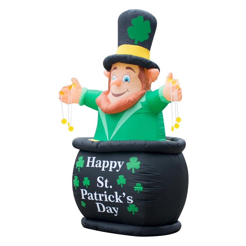 Holidayana 9 Foot Tall Inflatable St Patricks Day LED Pot of Gold Leprechaun Yard Decoration with Blower Fan, Tie Down Straps, Ground Anchor Stakes