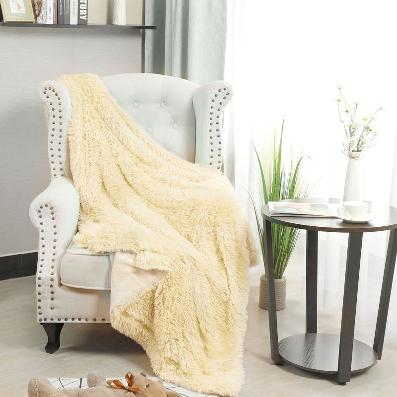 1 Pc Full/Queen Microfiber Long Shaggy Bed Blankets Pale Yellow  - PiccoCasa