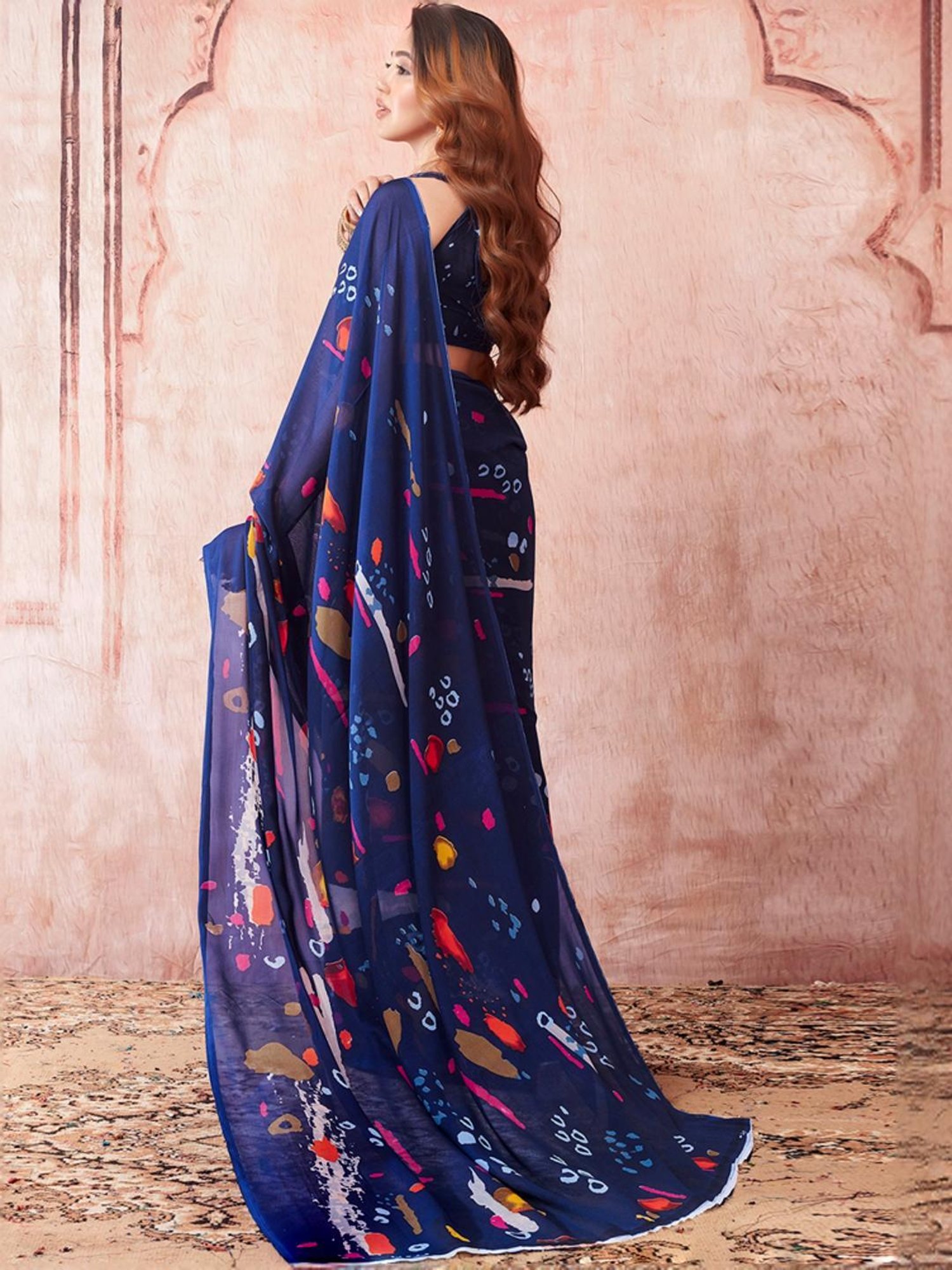 Satrani Navy Geometric Print Saree With Unstitched Blouse
