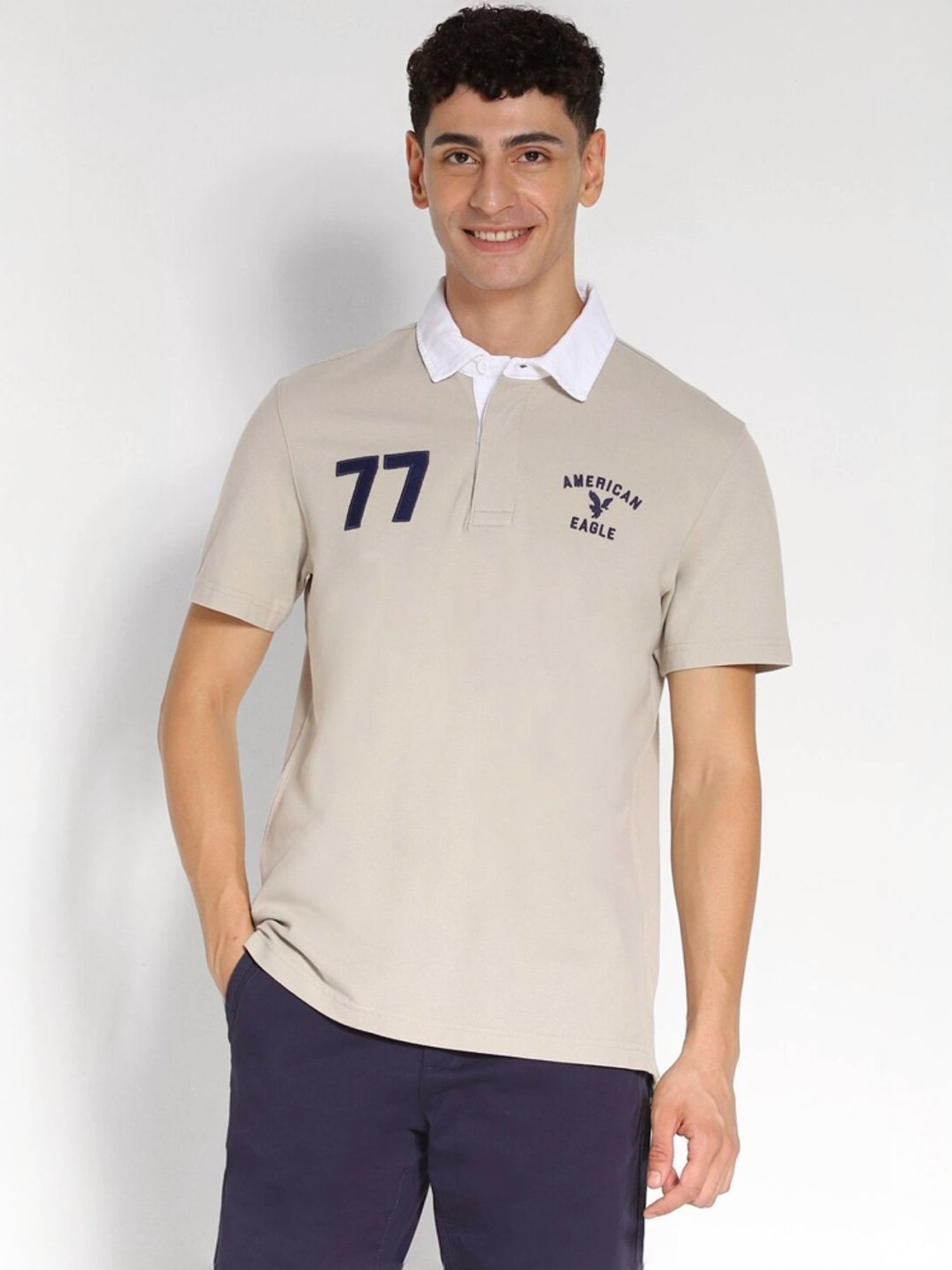 American Eagle Beige Cotton Regular Fit Embroidered T-Shirt