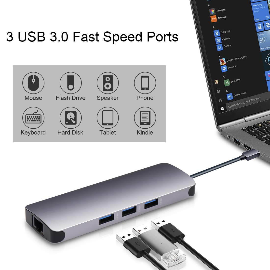 ESTONE USB C Hub 9 in 1 Aluminum Multiport Adapter With USB-C Charging, Port of Mic/Audio,3 USB 3.0 ports, HDMI, TF, MICro SD for Macbook Pro, Surface Pro,Notebook PC, USB Flash Drives and More
