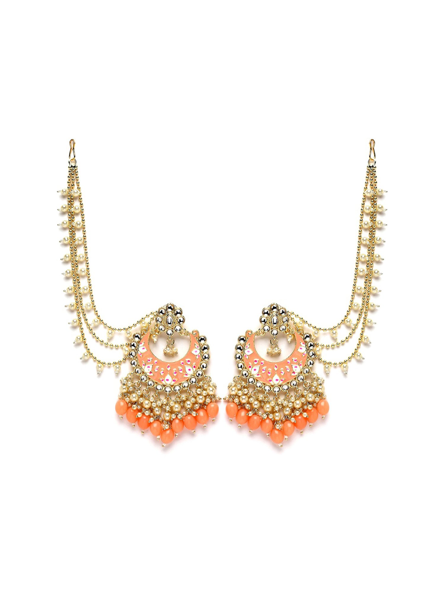 Karatcart Gold Plated Peach Meena Pearl and Tumble Studded Kundan Kaanchain Earrings for Women