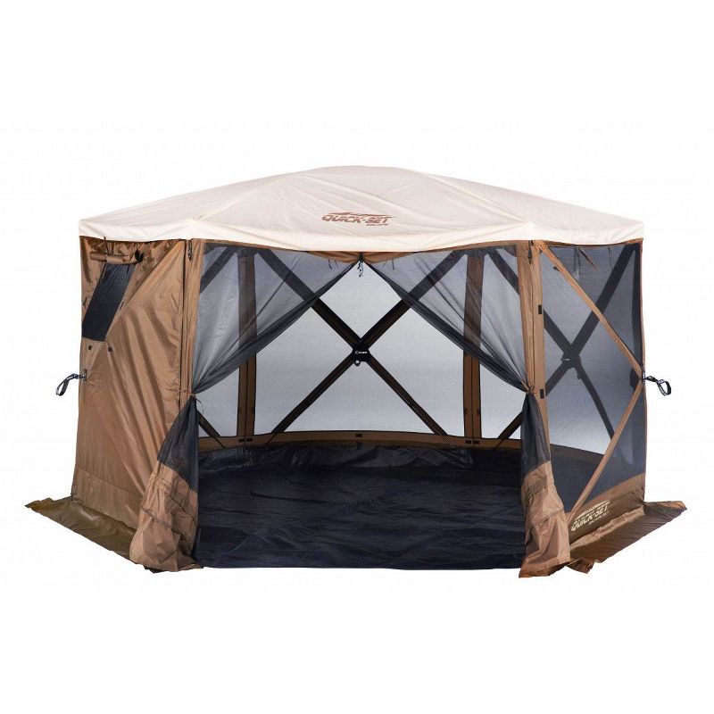 CLAM Quick-Set Escape Sky Camper 11.5' x 11.5' Portable Pop-Up Outdoor Gazebo Screen Tent 6 Sided Canopy Shelter with Ground Stakes & Carry Bag, Brown
