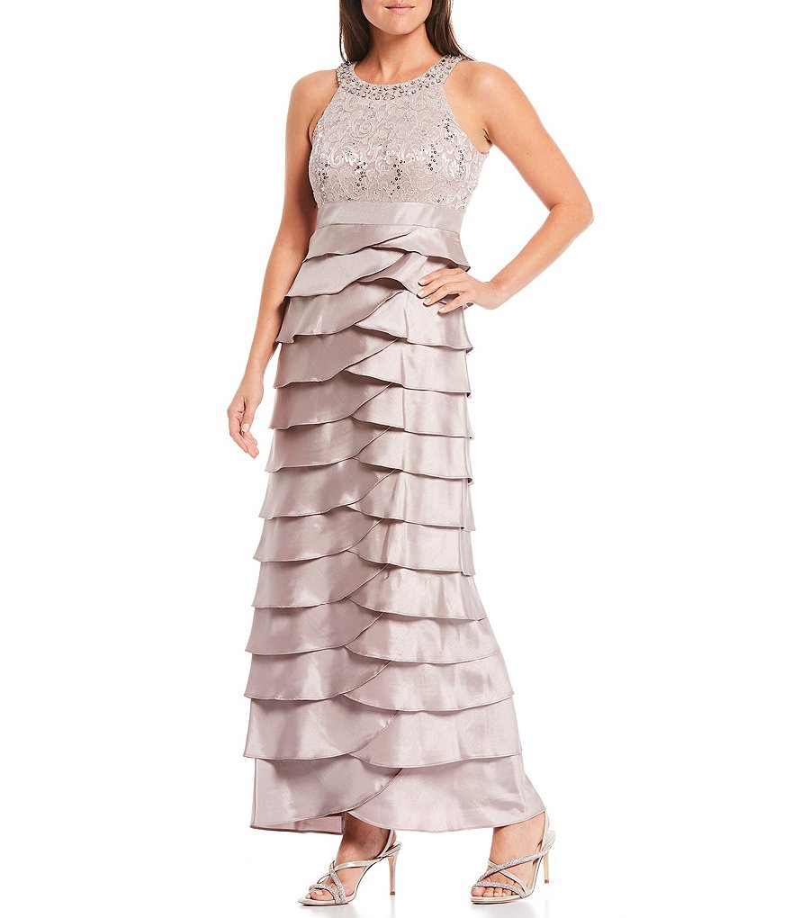 Jessica Howard Petite Size Round Neck Beaded Yoke Sleeveless Layered Skirt Gown