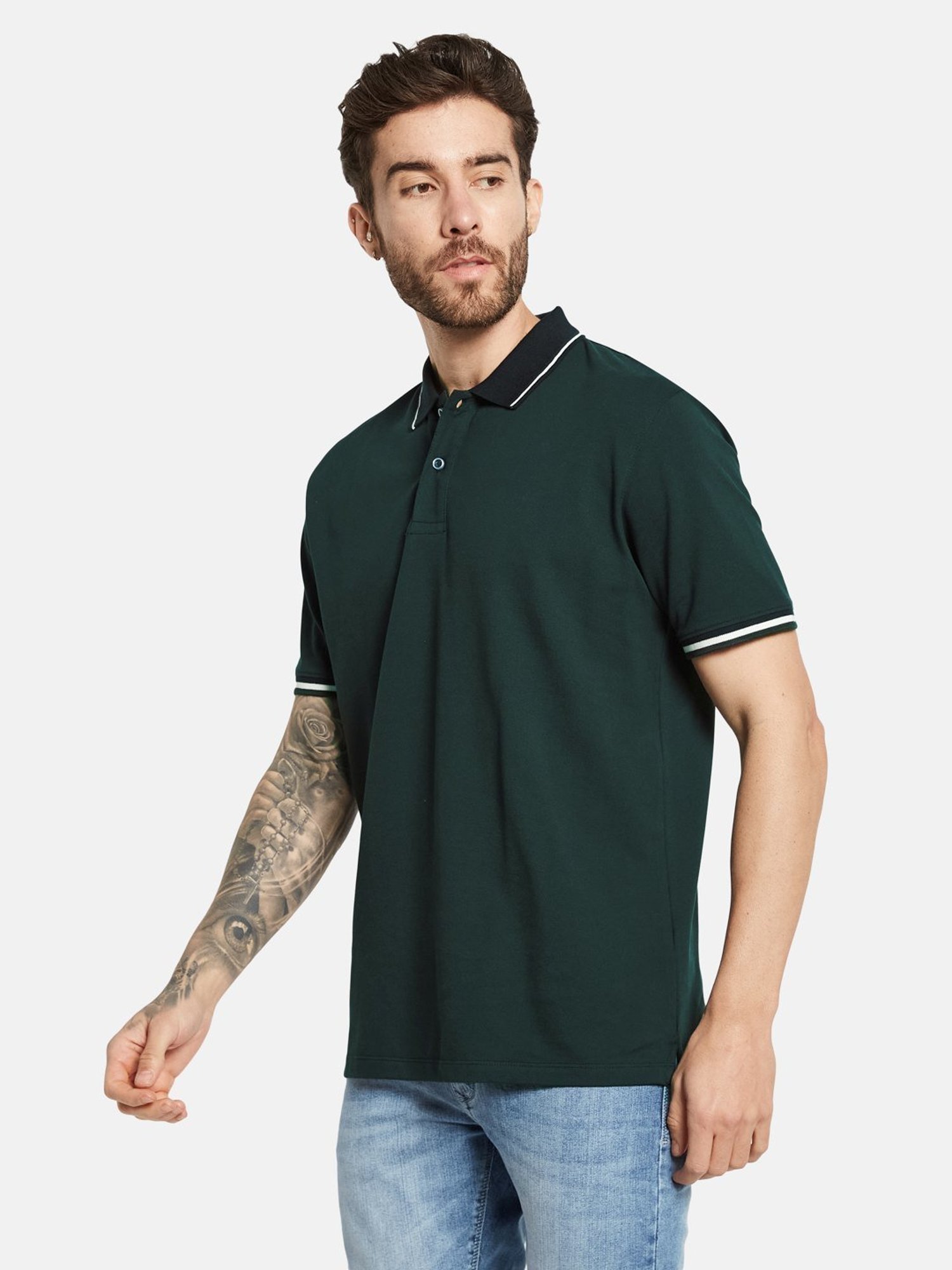 Octave Bottle Green Cotton Regular Fit Polo T-Shirt