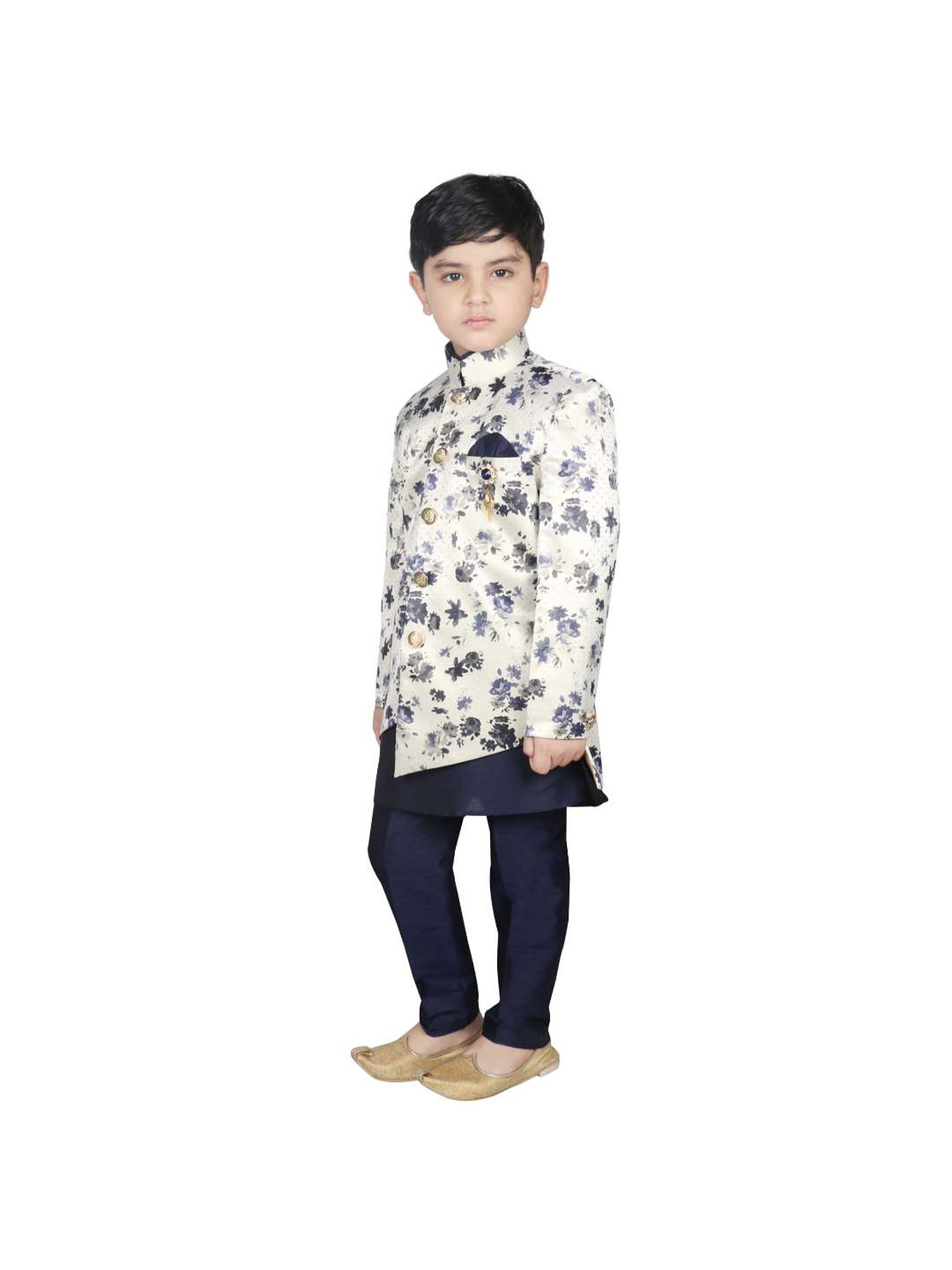 SG Yuvraj Kids Navy & White Floral Print Kurta with Pyjama