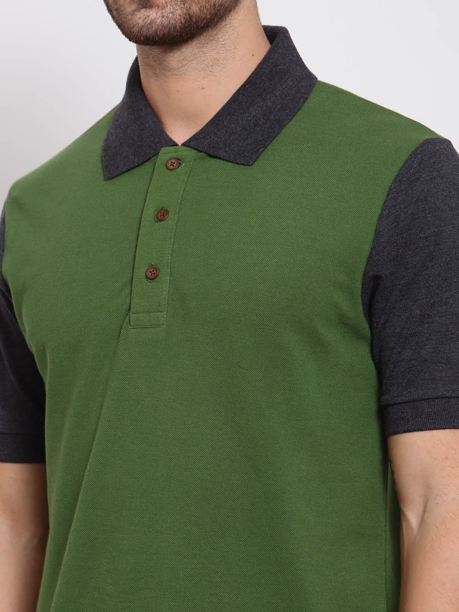 Kalt Green & Dark Grey Regular Fit Colour-Block Polo T-Shirt