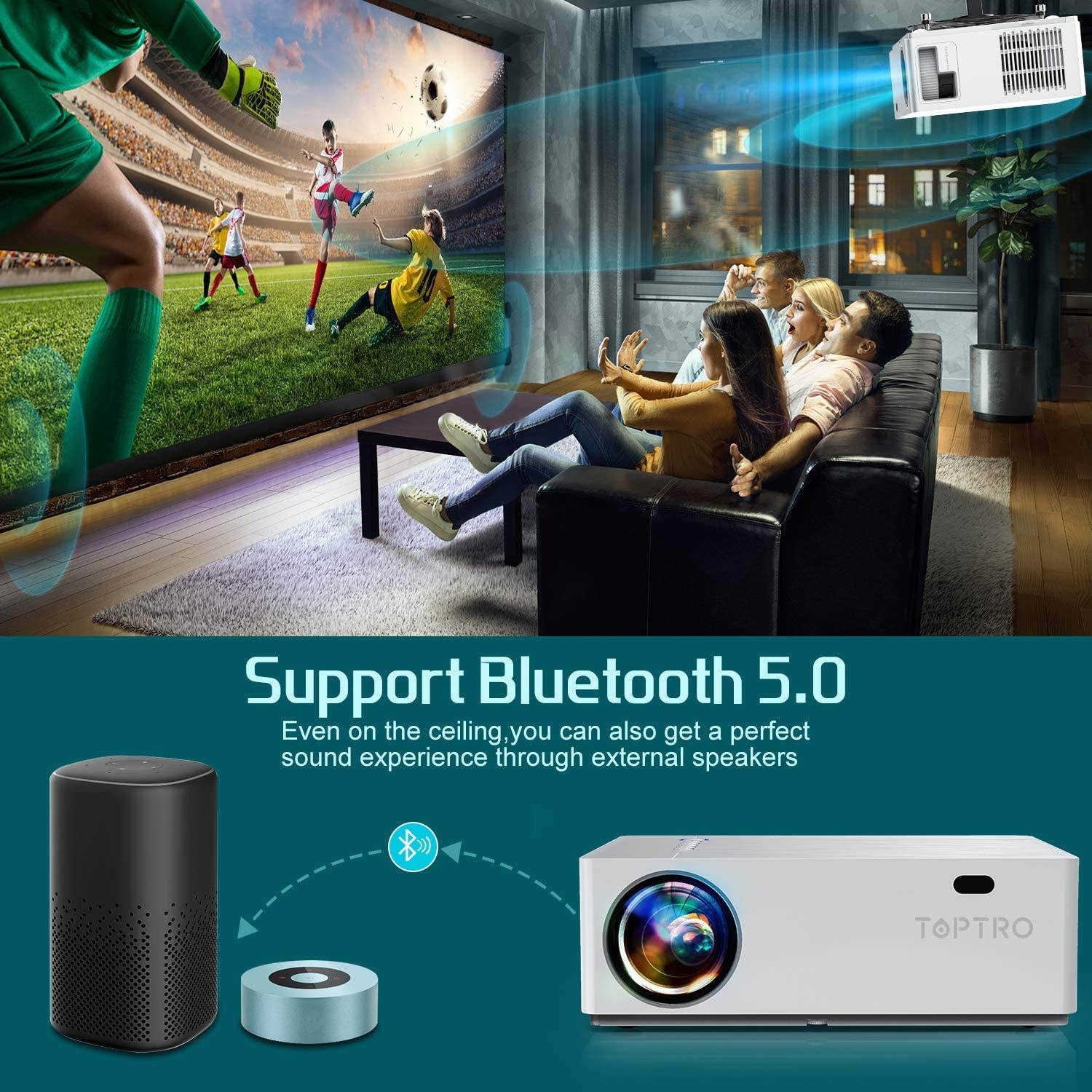 TOPTRO TR81 Bluetooth Video Projector 8500L, Native 1080P and 350&rdquo; Display, Support 4K, Zoom & &plusmn;50&deg;4D Keystone Correction, Home Theater Projector Compatible with Phone/TV Stick/PC/USB/PS4/DVD