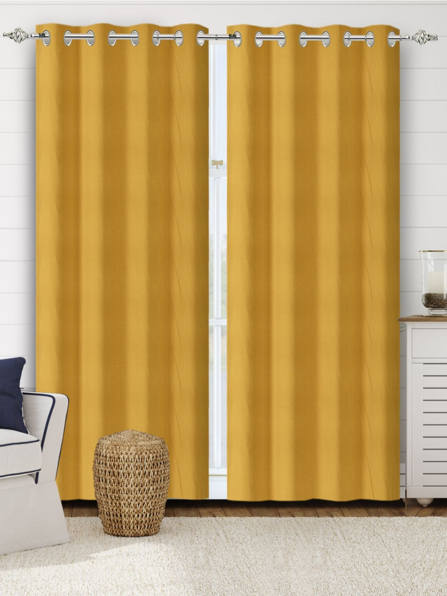 Saralhome Plain Cotton Long Door Curtains 2pc, Yellow. 4X9 Feet