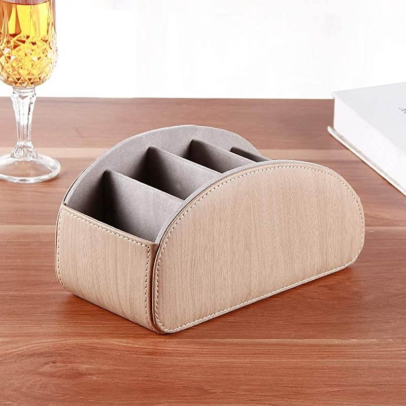 Leather TV Remote Control Holder with 5 Compartments Nightstand Desktop Air Conditioner Media Player Remote Caddy Storage Box Organizer Tray For Makeup Brush Pen Stationary Table Controller