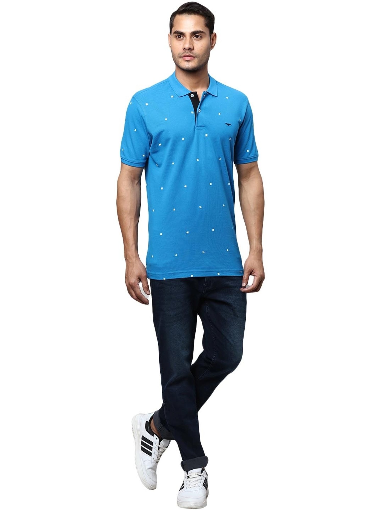 Park Avenue Blue Cotton Slim Fit Printed Polo T-Shirt