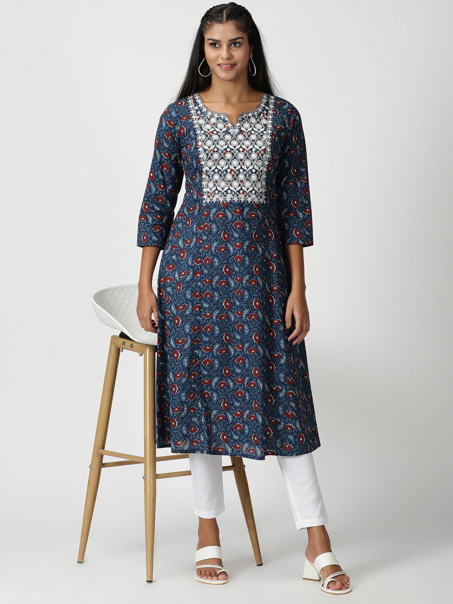Saffron Threads Blue Cotton Embroidered A Line Kurta