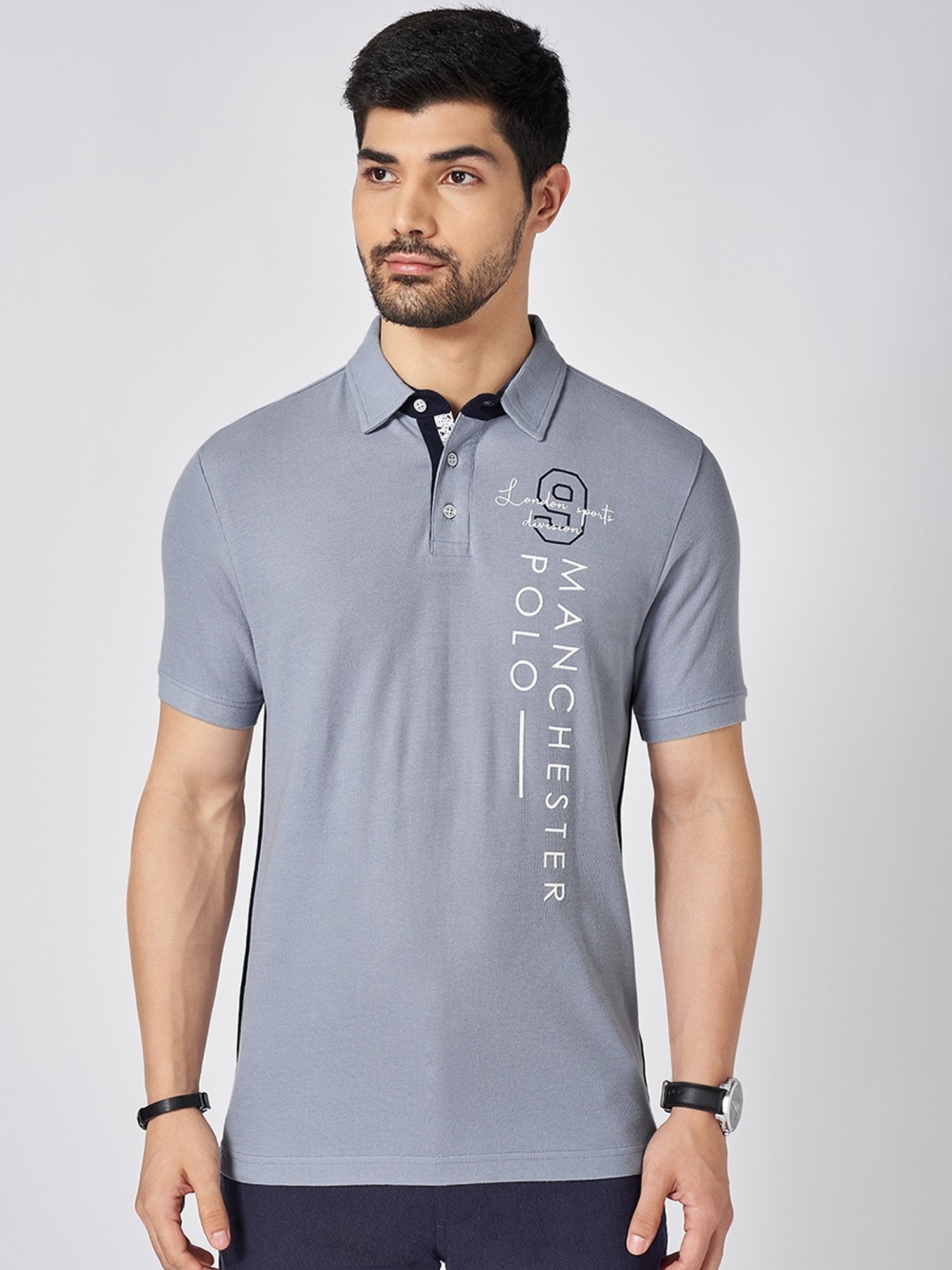 Byford by Pantaloons Crystal Blue Cotton Slim Fit Solid Polo T-Shirt