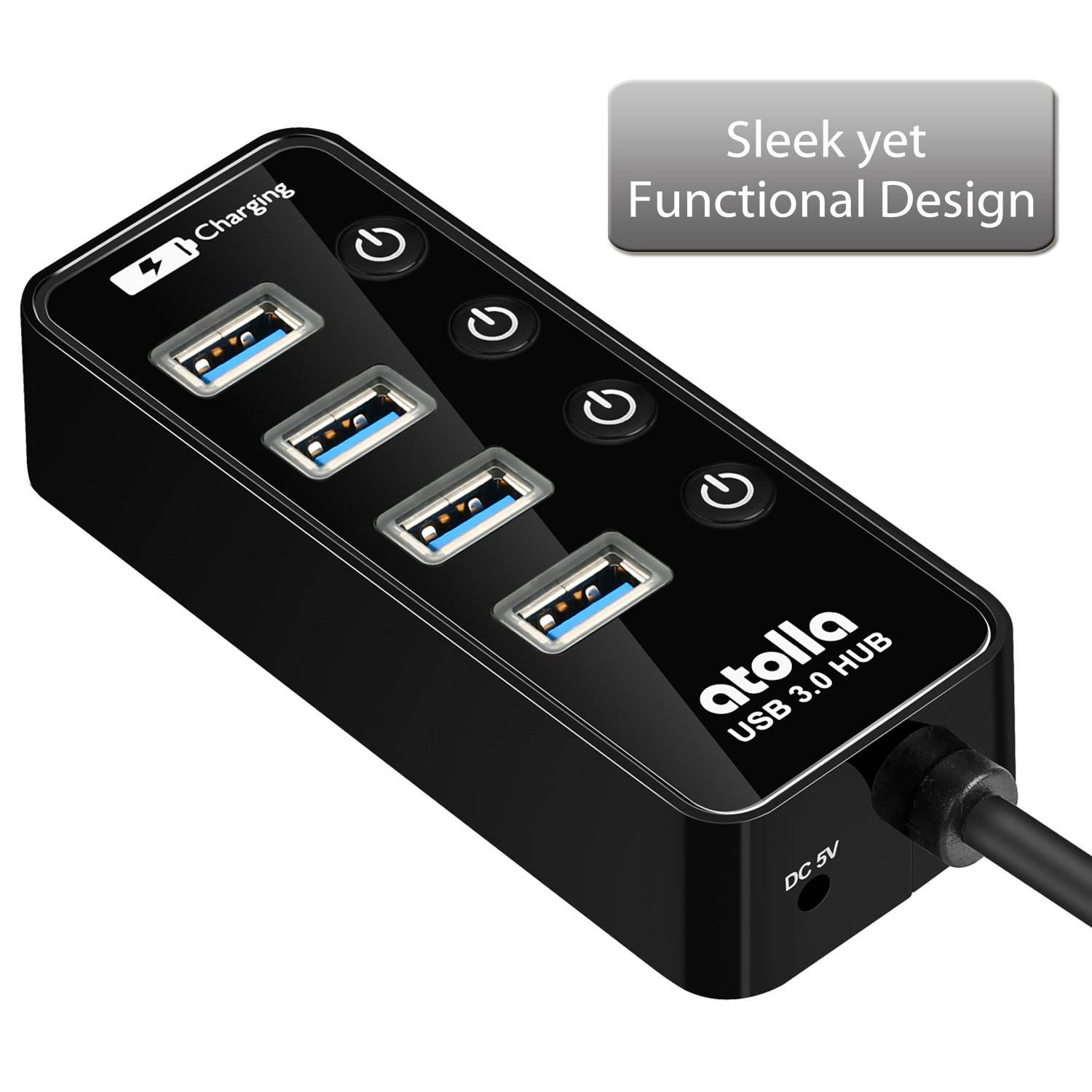 USB 3.0 Hub, atolla 4 Ports Super Speed USB 3 Hub Splitter with On Off Switch with 1 USB Charging Port (Cable Length 2 Feet, No AC Adapter) (4-Port hub)
